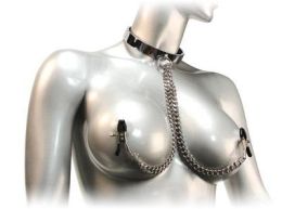 Chrome Slave Collar with Nipple Clamps - Small/Medium